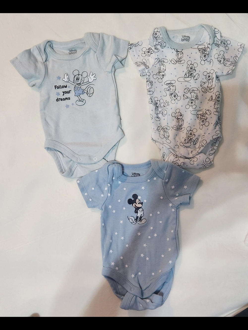 Disney Light Blue & White Mickey Mouse 3-Pack One-Piece Bodysuits